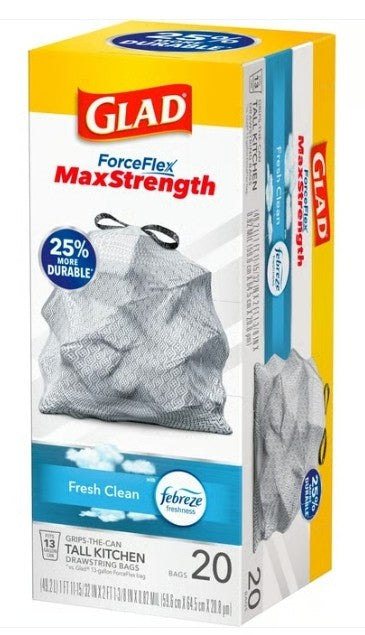 GLAD Forceflex Max Strength 13 Gallon Tall Kitchen Drawstring Trash Bags