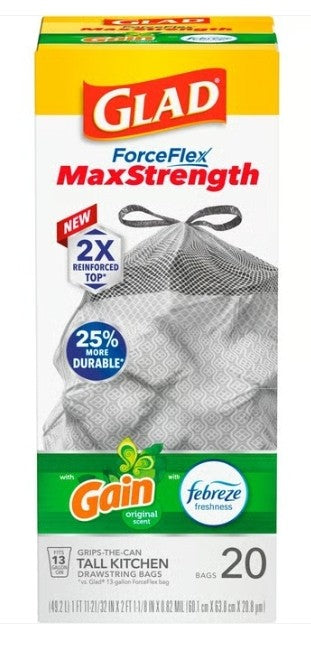 GLAD Forceflex Max Strength 13 Gallon Tall Kitchen Drawstring Trash Bags